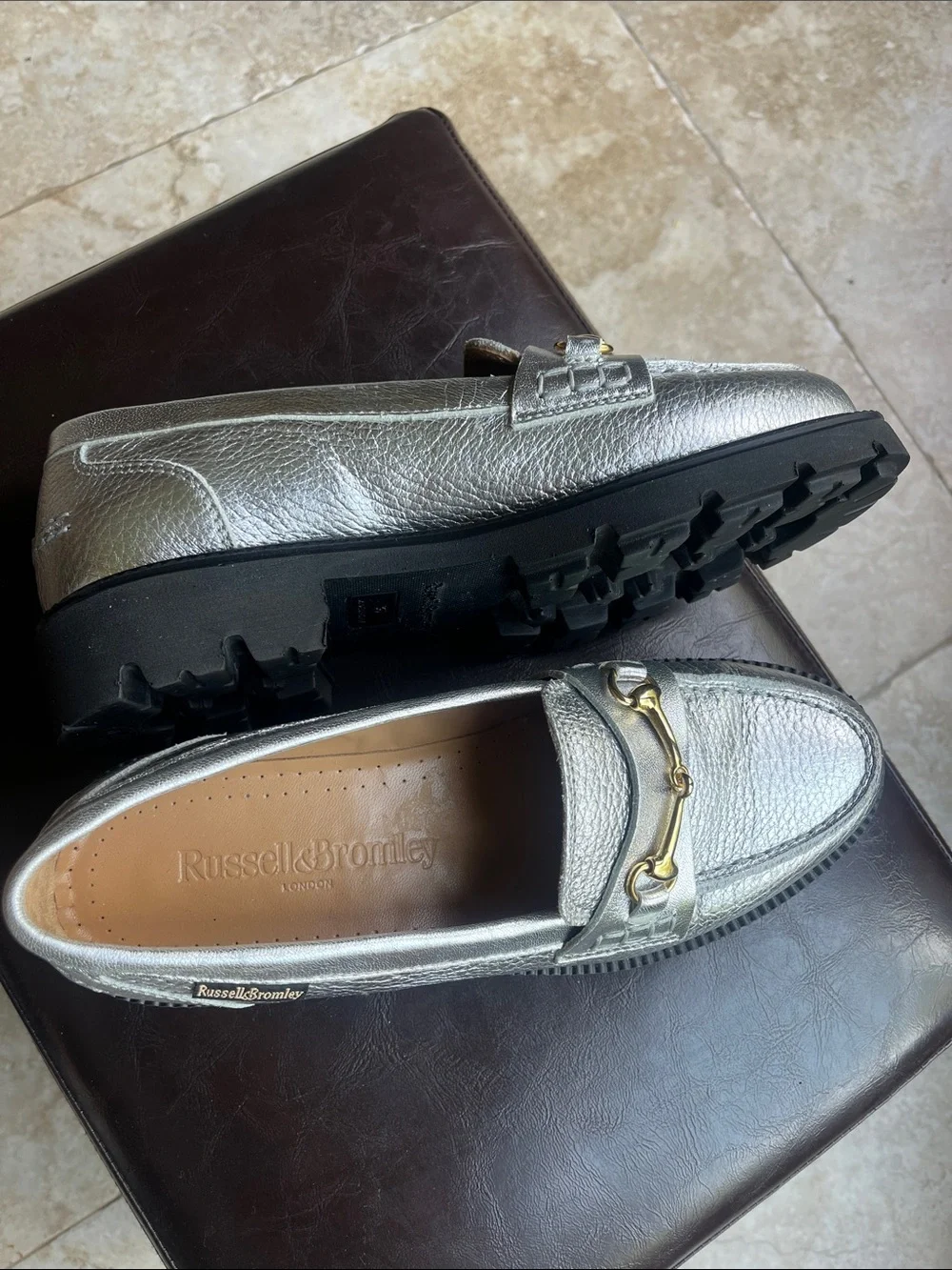 Russell & Bromley Silver Metallic Leather Loafers with Gold Bit New without Box